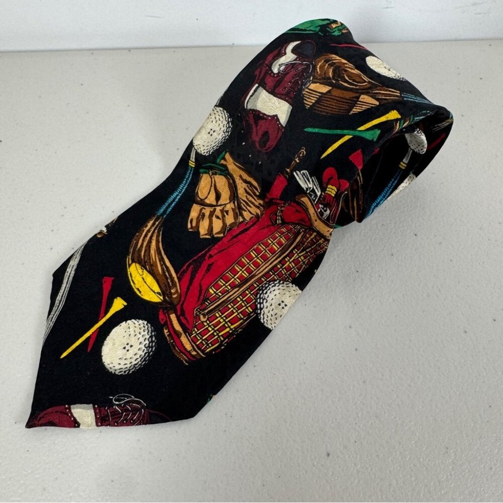 Vintage Golf Theme Silk Tie Black Novelty Golf Clubs Balls Summer Event Funky - Picture 3 of 14